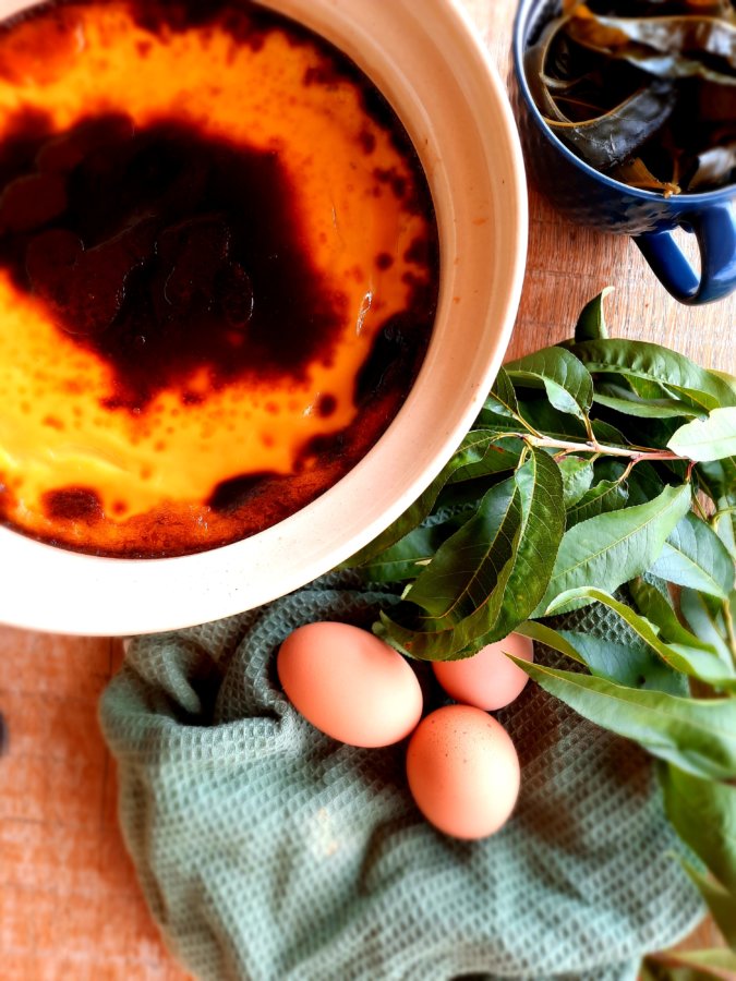 flan aux feuille de pecher - mijote et papote